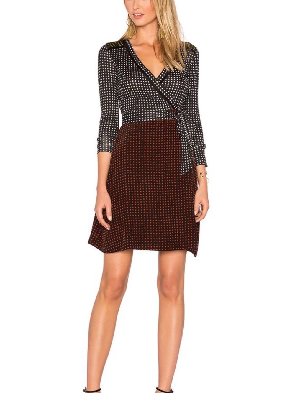 Diane Von Furstenberg Colour block  Silk Polka-Dot Wrap Mini Dress